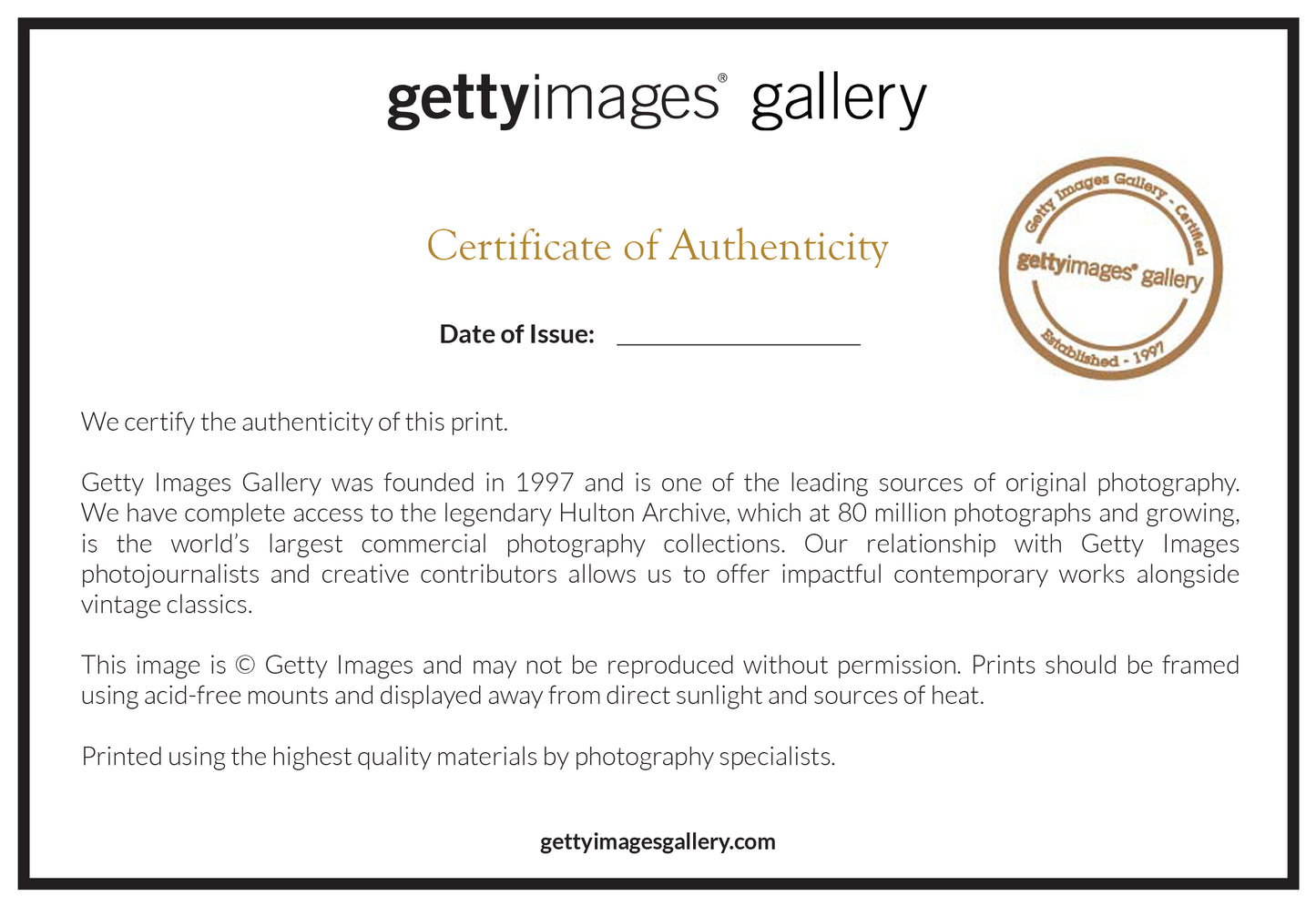 Getty Images Gallery certificate of authenticity