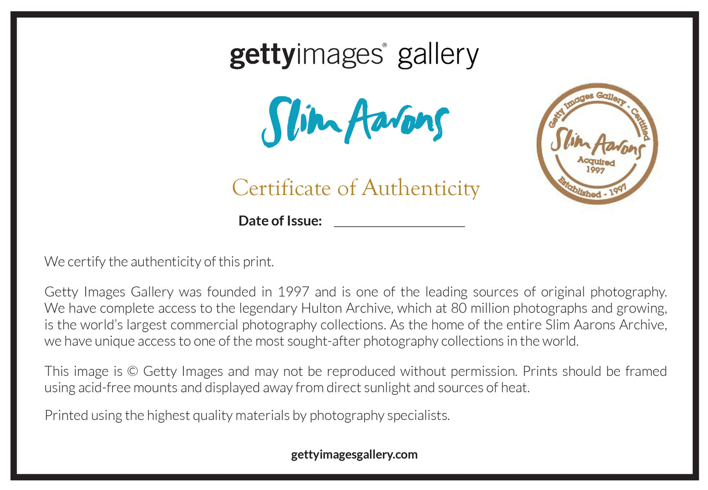 Slim Aarons certificate of authenticity